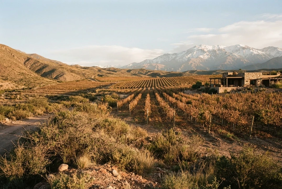 Viñedos de Gualtallary al atardecer, con la cordillera de los Andes al fondo