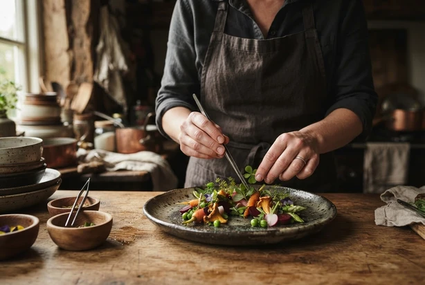 Manos emplatando con pinzas un plato de verduras y flores sobre una mesa de madera