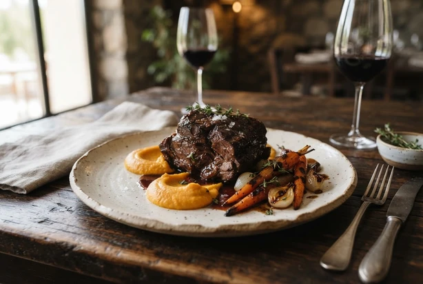 Plato de carne con puré de zanahoria y vegetales sobre una mesa de madera, con copas de vino