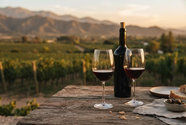 Dos copas de vino tinto y una botella sobre una mesa de madera frente a los viñedos