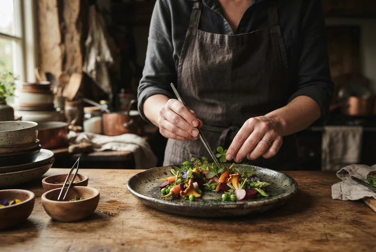 Manos emplatando con pinzas un plato de verduras y flores sobre una mesa de madera